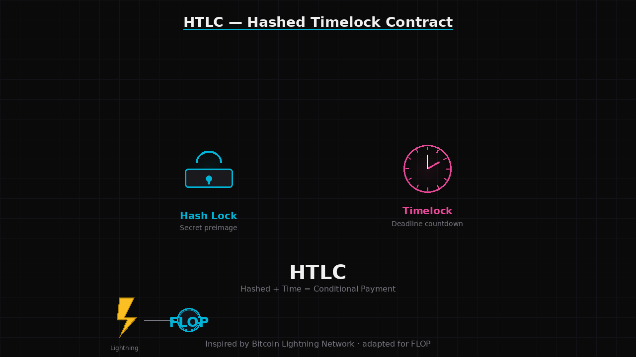 A padlock labeled hash lock next to a clock labeled timelock, with HTLC written across both, and a Bitcoin Lightning Network logo fading into the FLOP logo
