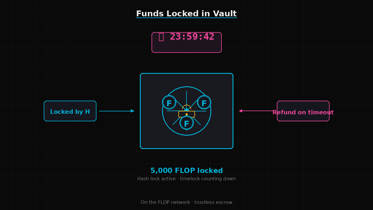FLOP token icons locked inside a vault on the FLOP network, with a hash lock on the vault door and a countdown timer ticking above it