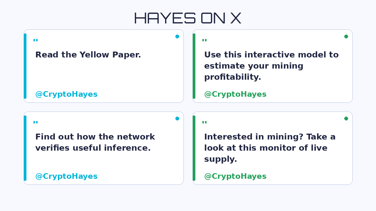 Arthur Hayes' five key tweets from Sep 7-8, 2026: read the Yellow Paper, use the mining calculator, verify useful inference, find @flop_labs details, check the GPU monitor